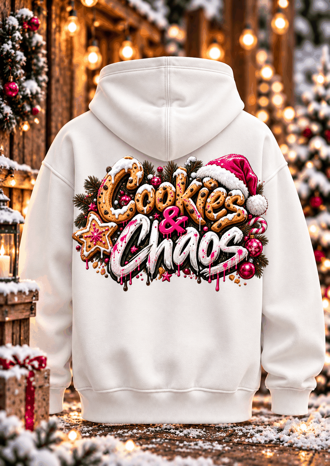 Bayern Hoodie aus hellem Baumwollmix mit Kapuze und buntem „Cookies & Chaos“-Weihnachtsmotiv auf dem Rücken.