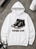 Kinder Hoodie aus weißem Stoff mit Kapuze und Kängurutasche, bedruckt mit schwarzen Sneakern und Schriftzug „Future Icon“.