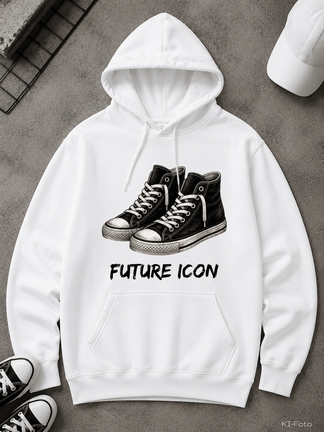 Kinder Hoodie aus weißem Stoff mit Kapuze und Kängurutasche, bedruckt mit schwarzen Sneakern und Schriftzug „Future Icon“.